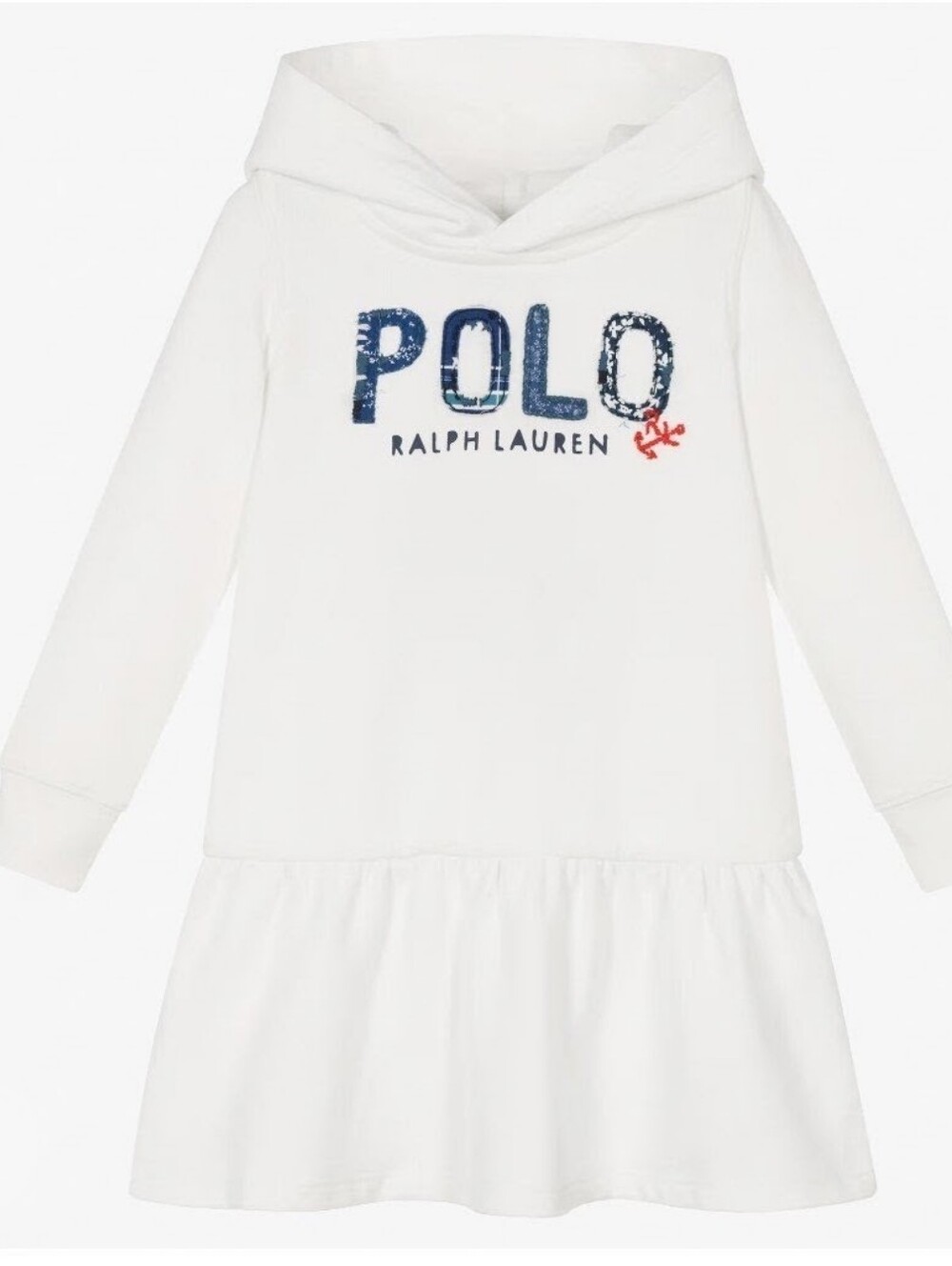 Polo by Ralph Lauren White Hooded Girls' Dress with Navy Logo and Red Accent